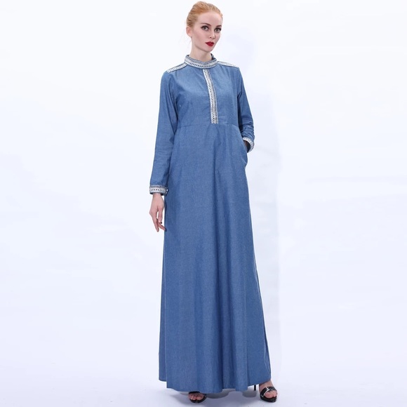 New denim maxi dress with long sleeves /kaftan/modest fashion - Picture 4 of 5